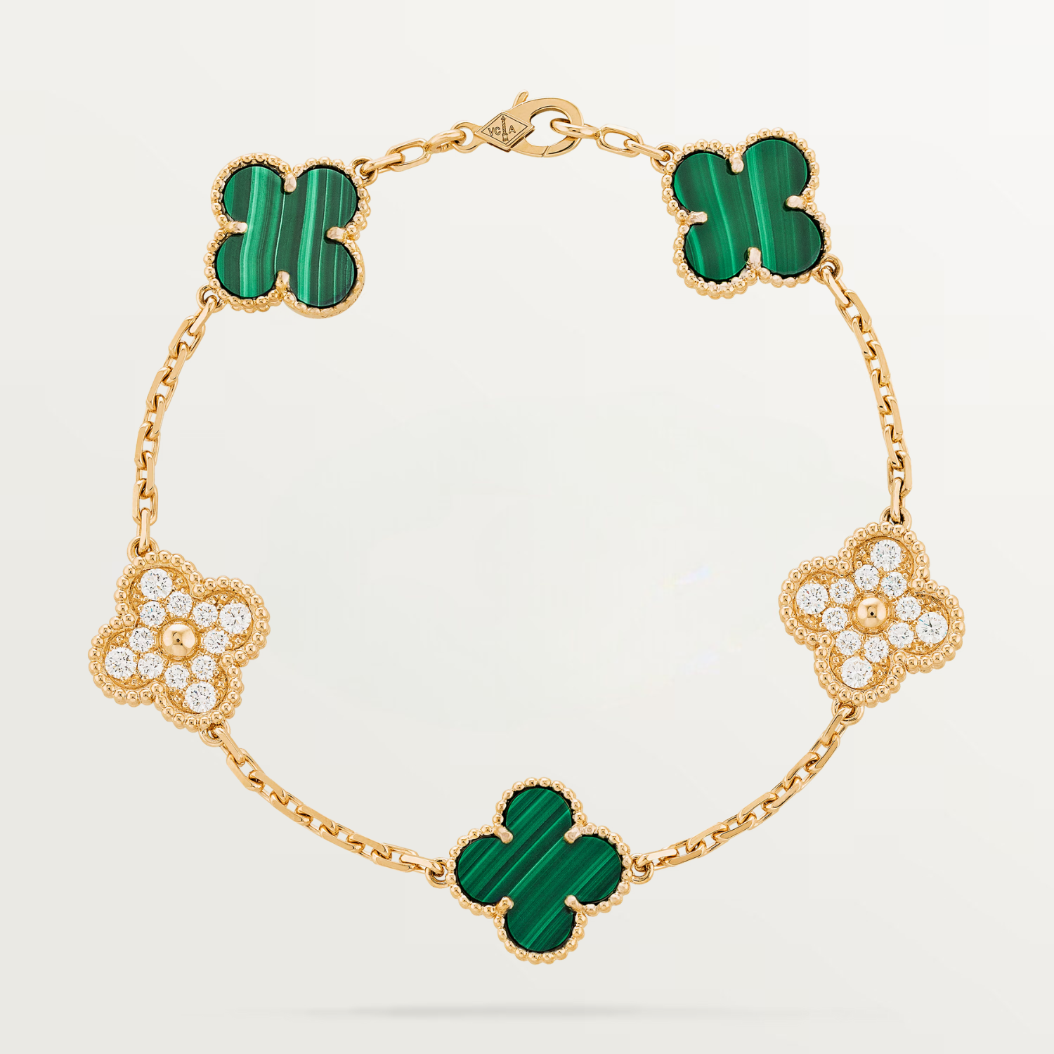 DIAMOND VINTAGE BRACELET, 5 ELEMENTS, MALACHITE, YELLOW GOLD