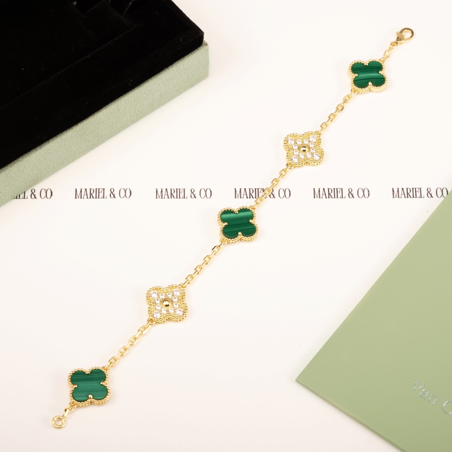 DIAMOND VINTAGE BRACELET, 5 ELEMENTS, MALACHITE, YELLOW GOLD