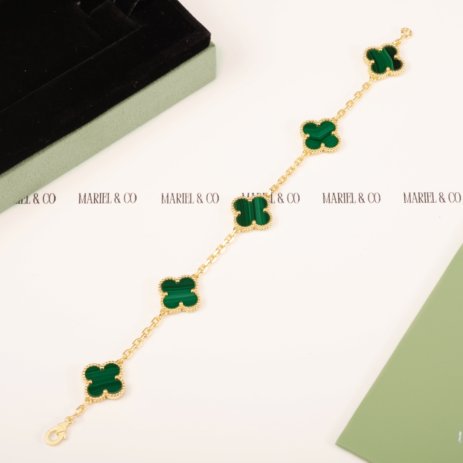 VINTAGE BRACELET, 5 ELEMENTS, MALACHITE, YELLOW GOLD