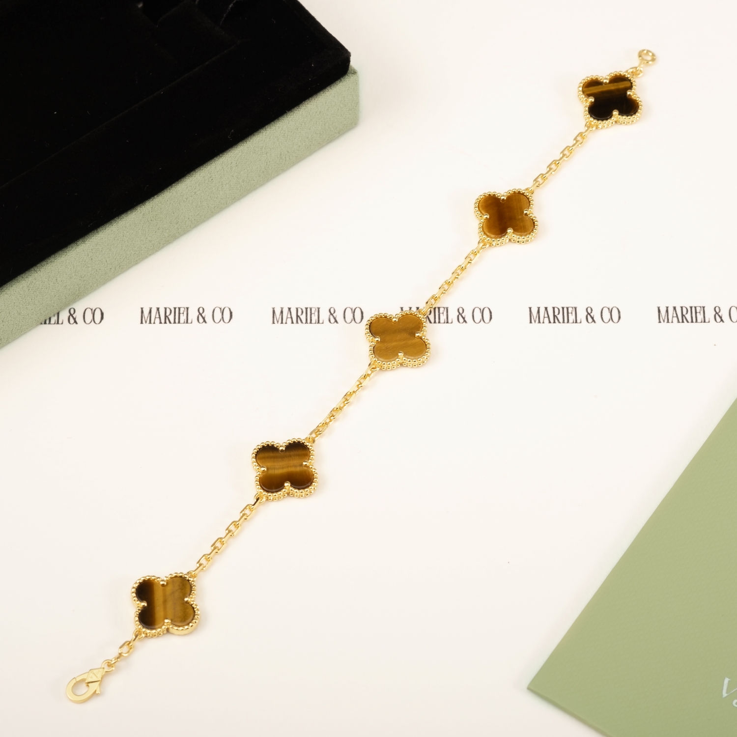 VINTAGE BRACELET, 5 ELEMENTS, TIGER EYE, YELLOW GOLD