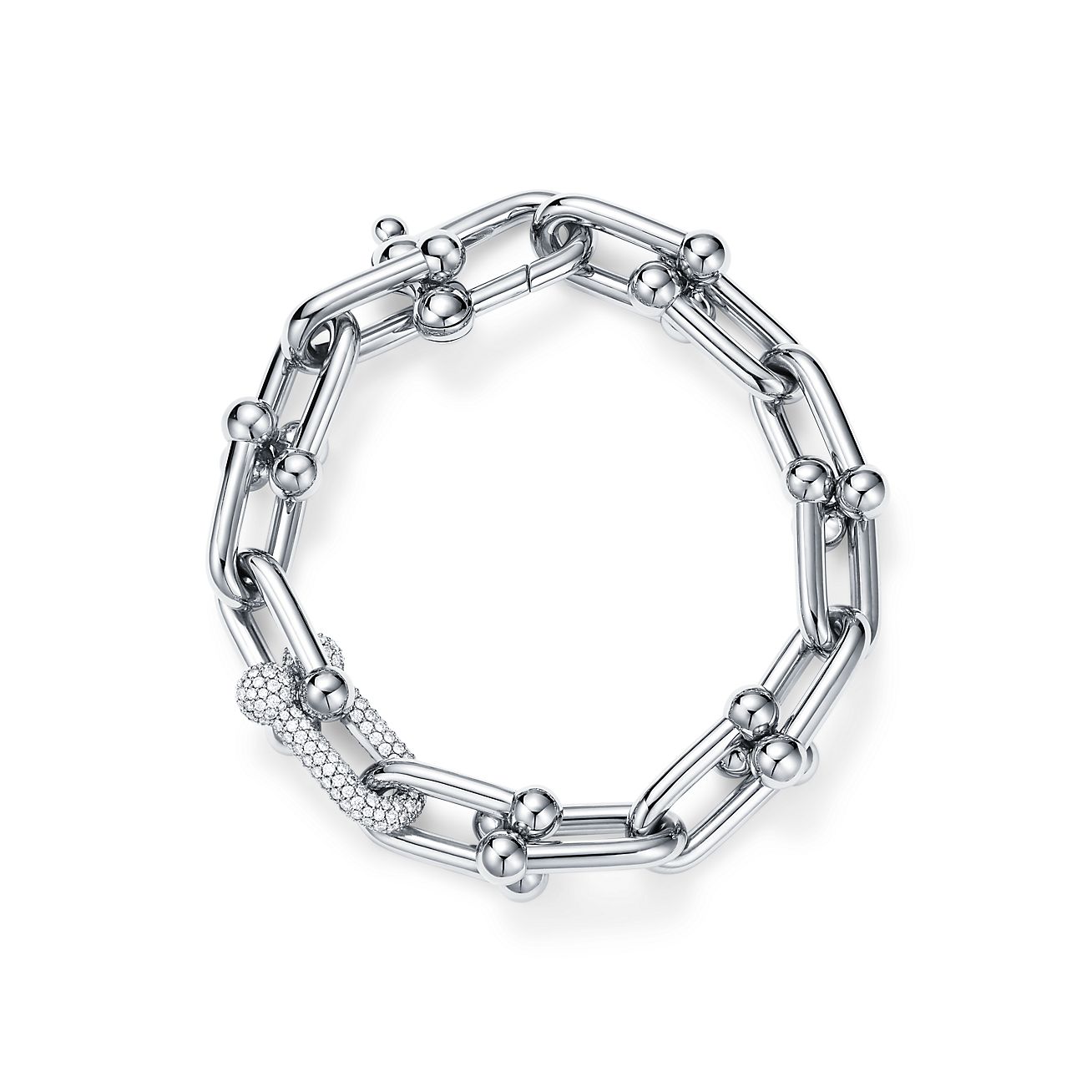 H LARGE LINK BRACELET WITH DIAMONDS, WHITE GOLD