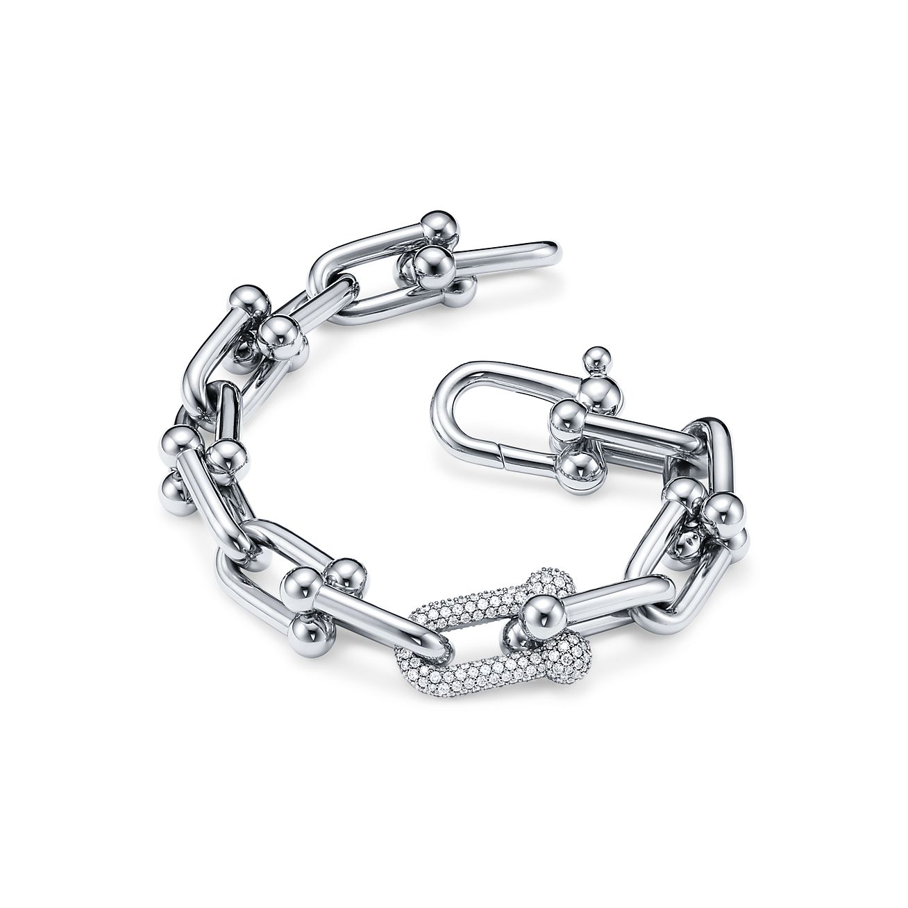 H LARGE LINK BRACELET WITH DIAMONDS, WHITE GOLD