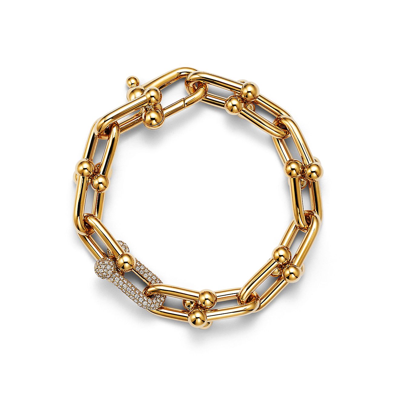 H LARGE LINK BRACELET WITH DIAMONDS, YELLOW GOLD