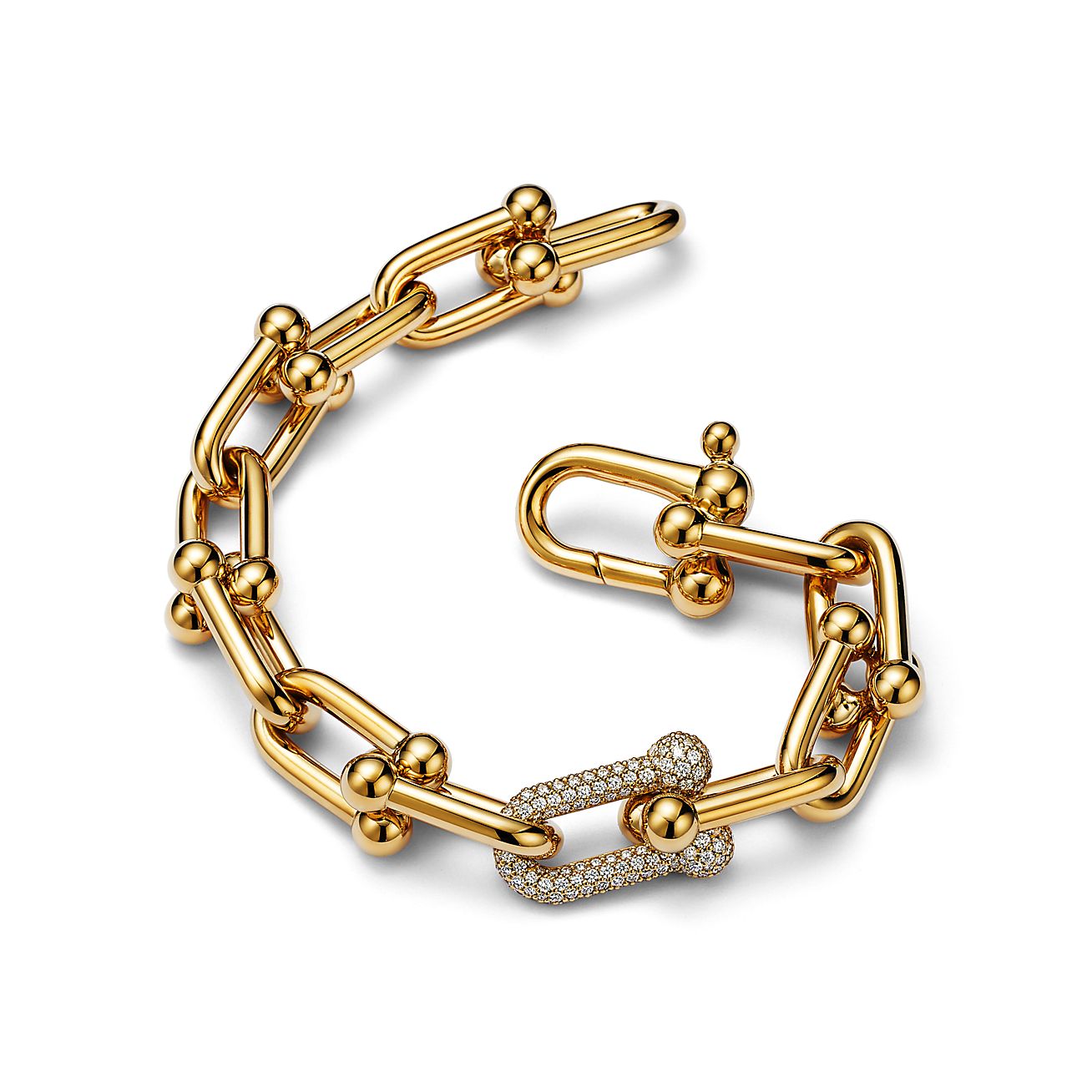 H LARGE LINK BRACELET WITH DIAMONDS, YELLOW GOLD